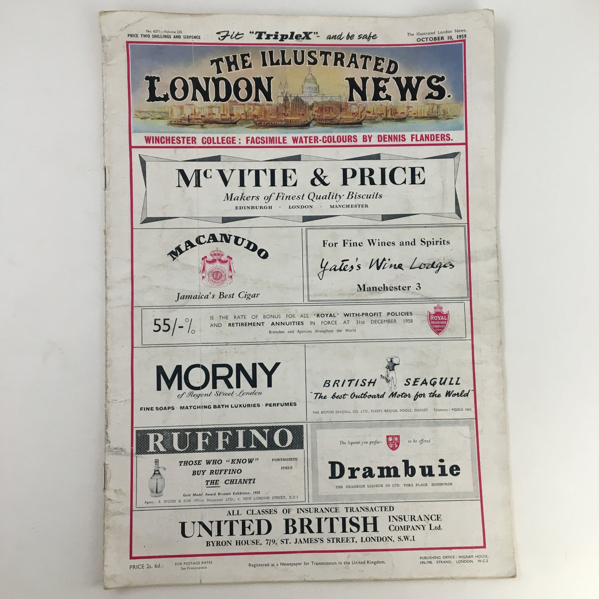 Front page of The Illustrated London News dated October 10, 1959, showcasing advertisements and headlines from the mid-20th century.
