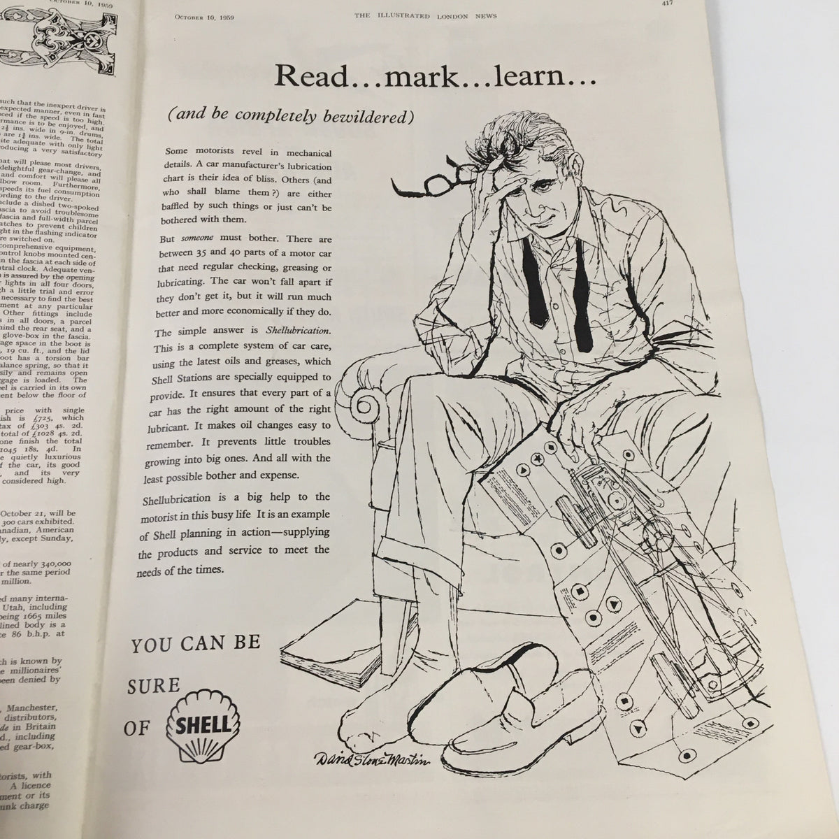 Illustrated London News October 10 1959 displaying a humorous illustration about car maintenance, emphasizing motorist education and Shell's lubrication services.