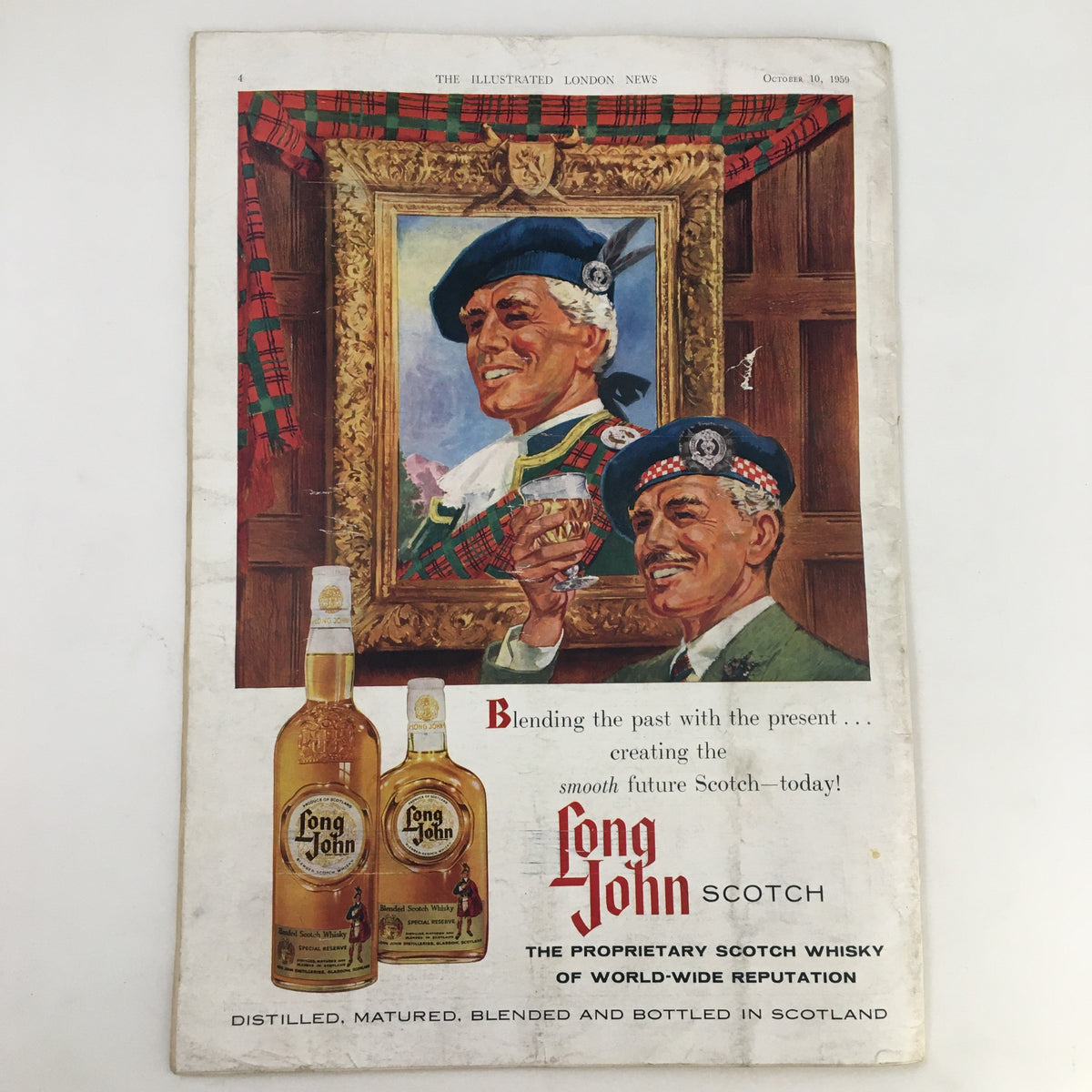 Illustrated London News October 10 1959 featuring an advertisement for Long John Scotch whisky, blending a historical theme with promotional visuals.