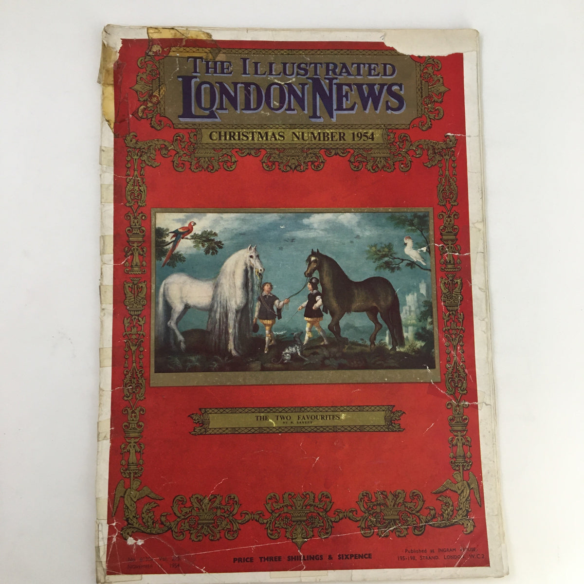 Cover of The Illustrated London News, November 18, 1954, featuring the article 'The Two Favorites' with a vivid red background and historic illustrations.