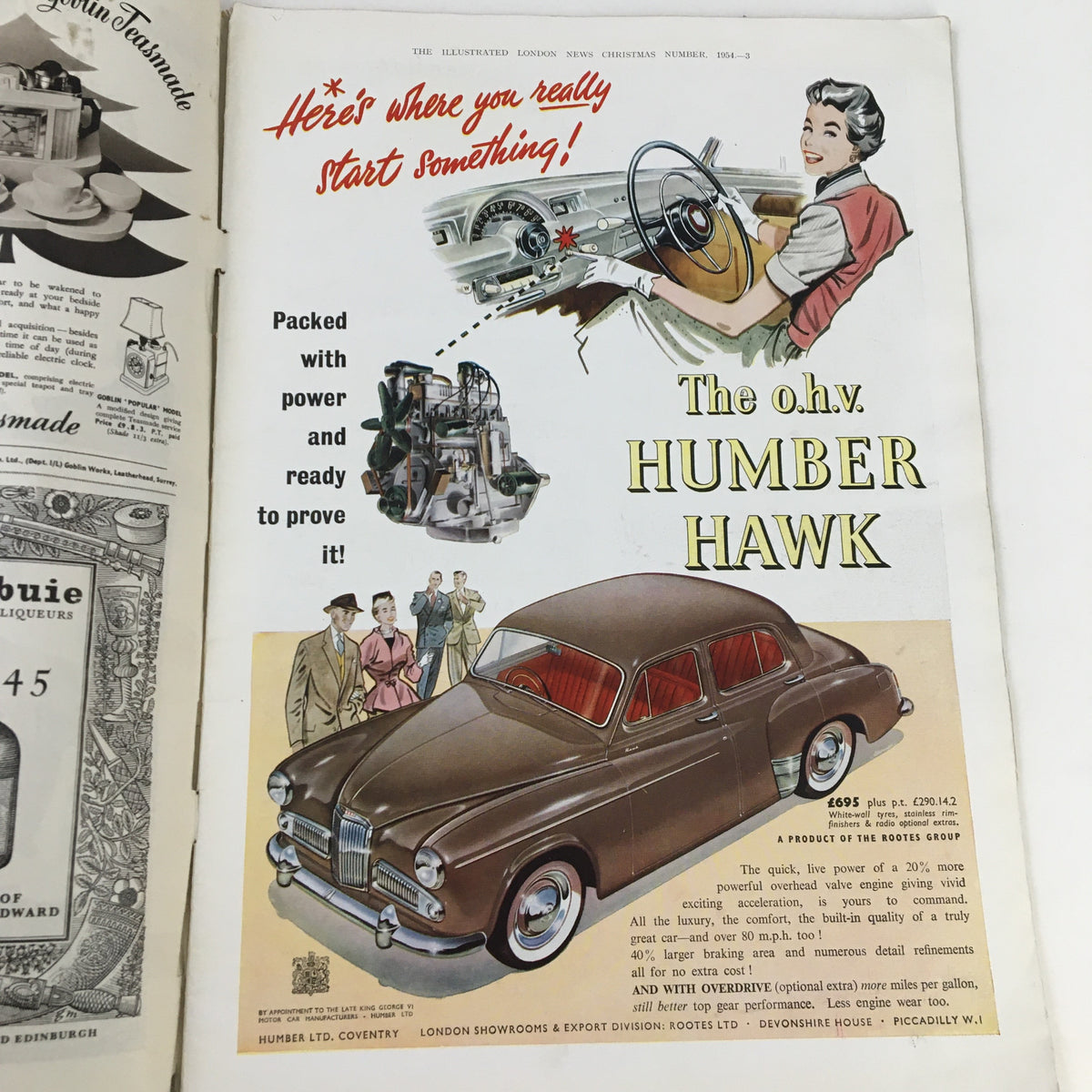 The Illustrated London News November 18 1954 features an advertisement for the Humber Hawk, showcasing the car's interior, mechanics, and a stylish couple. Perfect for vintage car enthusiasts.