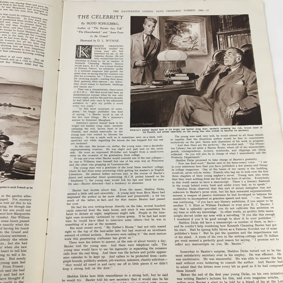 The Illustrated London News November 18 1954 presents a page titled 'The Celebrity,' featuring an illustration of a man at a desk with an old-style lamp, capturing the essence of mid-20th century life.