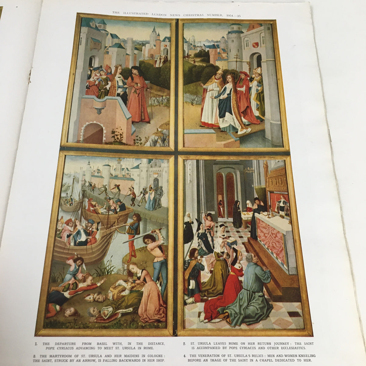 The Illustrated London News November 18 1954 displays a page with vivid illustrations depicting stories of St. Ursula, exemplifying the magazine's emphasis on historical and religious themes.