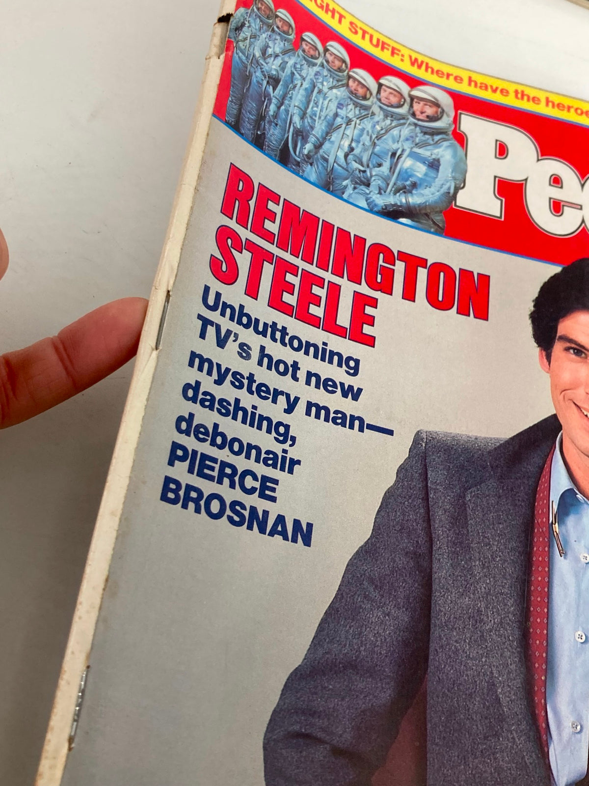 Close-up of the cover of People Weekly Magazine, October 31, 1983, showcasing the text highlighting Pierce Brosnan as Remington Steele.