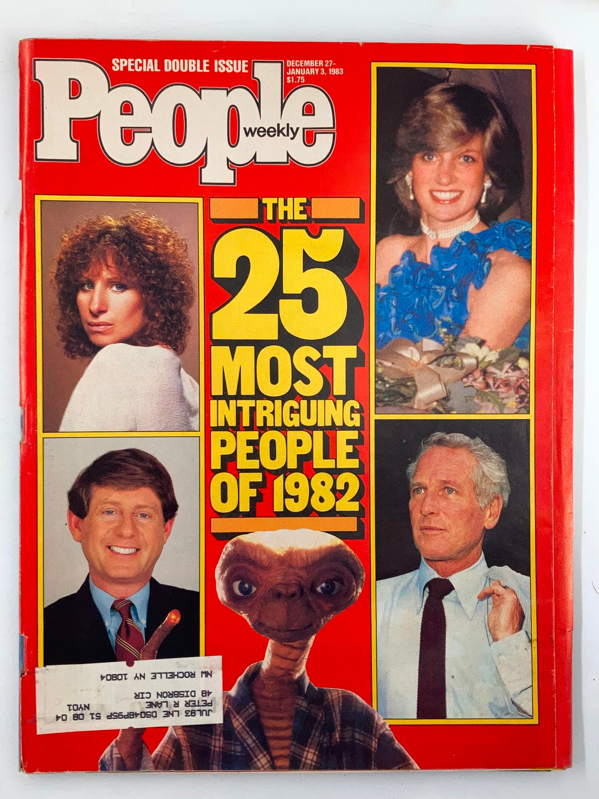 VTG People Weekly Magazine cover from December 27, 1982, featuring Barbra Streisand, Princess Diana, E.T. the extraterrestrial, and Paul Newman, highlighting the 25 most intriguing people of 1982.