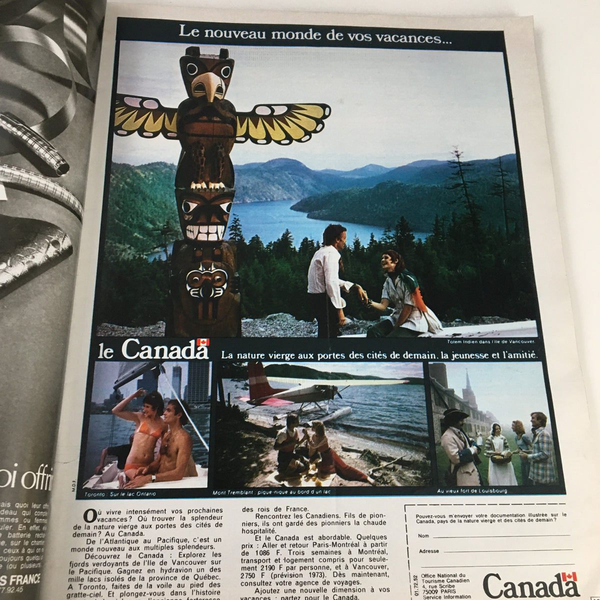 Advertorial in Paris Match Magazine November 1972 promoting travel to Canada, featuring scenic imagery and a welcoming message about nature and friendship.