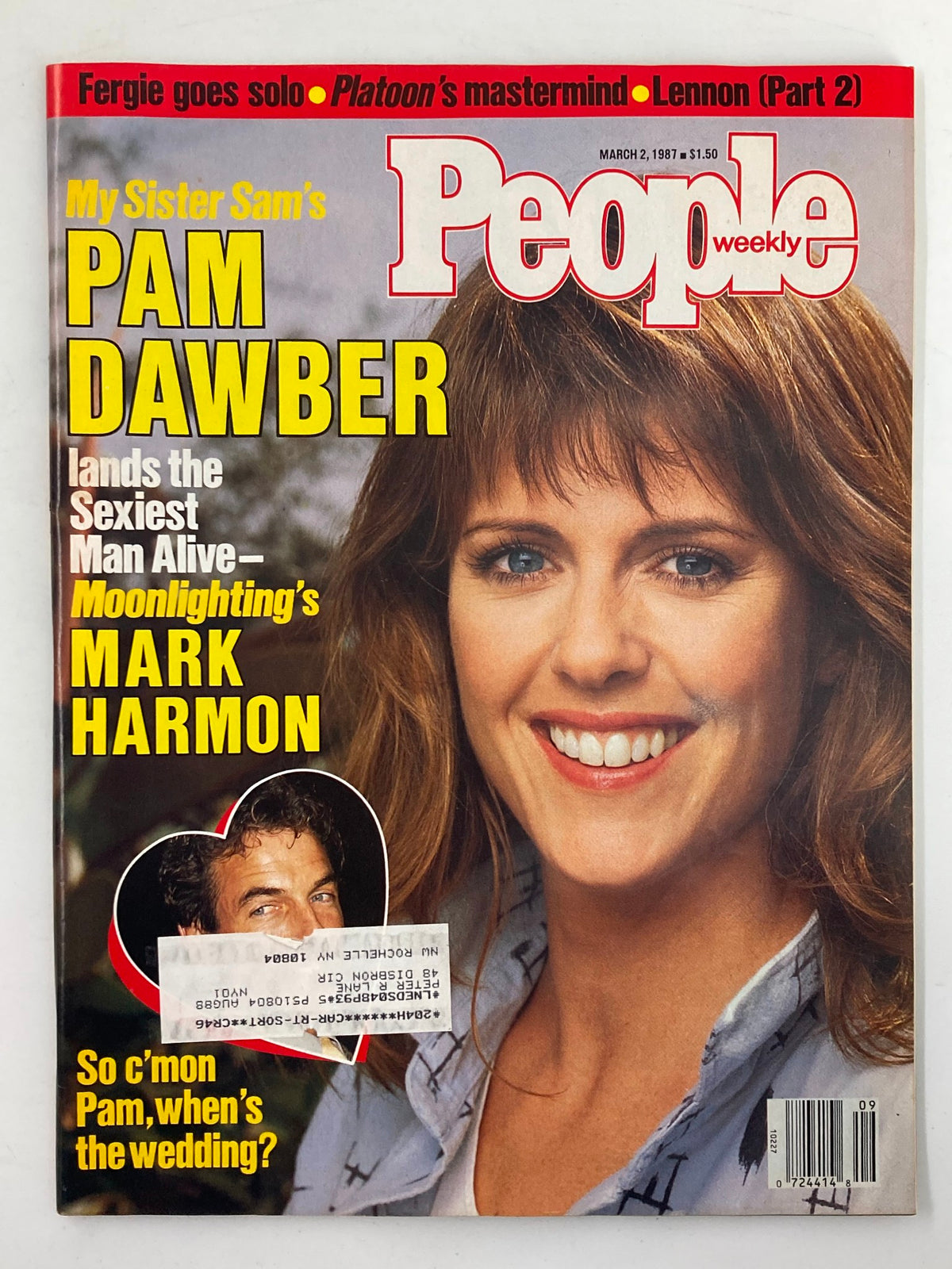 Cover of People Weekly magazine from March 2, 1987, featuring Pam Dawber and Mark Harmon. The title highlights Pam Dawber under the tagline, 'lands the Sexiest Man Alive - Moonlighting's Mark Harmon.' This vintage magazine showcases classic 1980s celebrity culture.