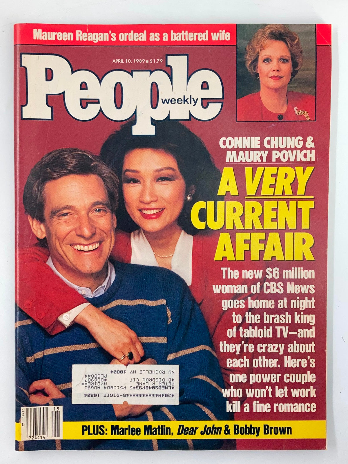 Vintage People Weekly Magazine cover from April 10, 1989 featuring Connie Chung and Maury Povich, highlighting a very current affair in media and pop culture.