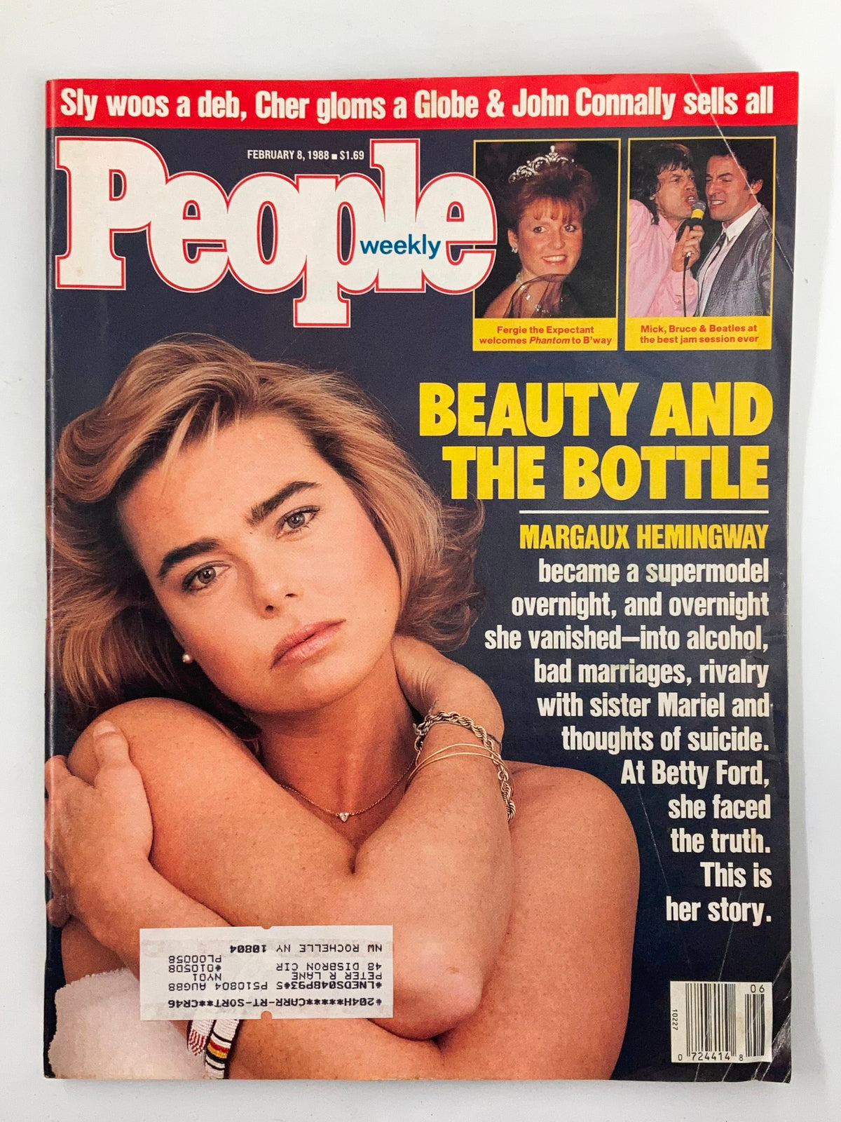 Vintage People Weekly Magazine cover from February 8, 1988, featuring Margaux Hemingway with the title 'Beauty and the Bottle.' This iconic issue highlights the struggles and triumphs of supermodel Margaux Hemingway and includes notable mentions of John Connally. A must-have for collectors of vintage magazines, capturing the essence of the late 1980s celebrity culture.