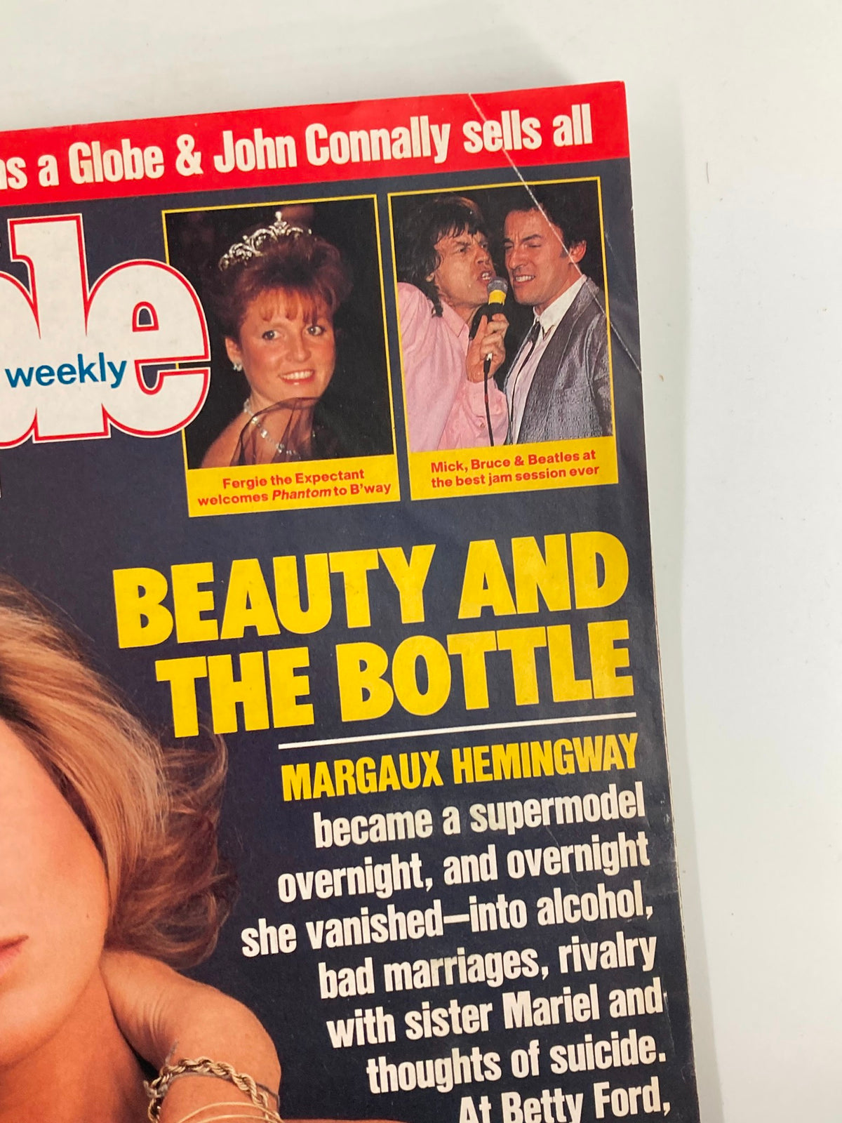 Close-up shot of the Vintage People Weekly Magazine cover from February 8, 1988. In addition to Margaux Hemingway’s story, it includes mentions of Fergie and Mick Jagger.