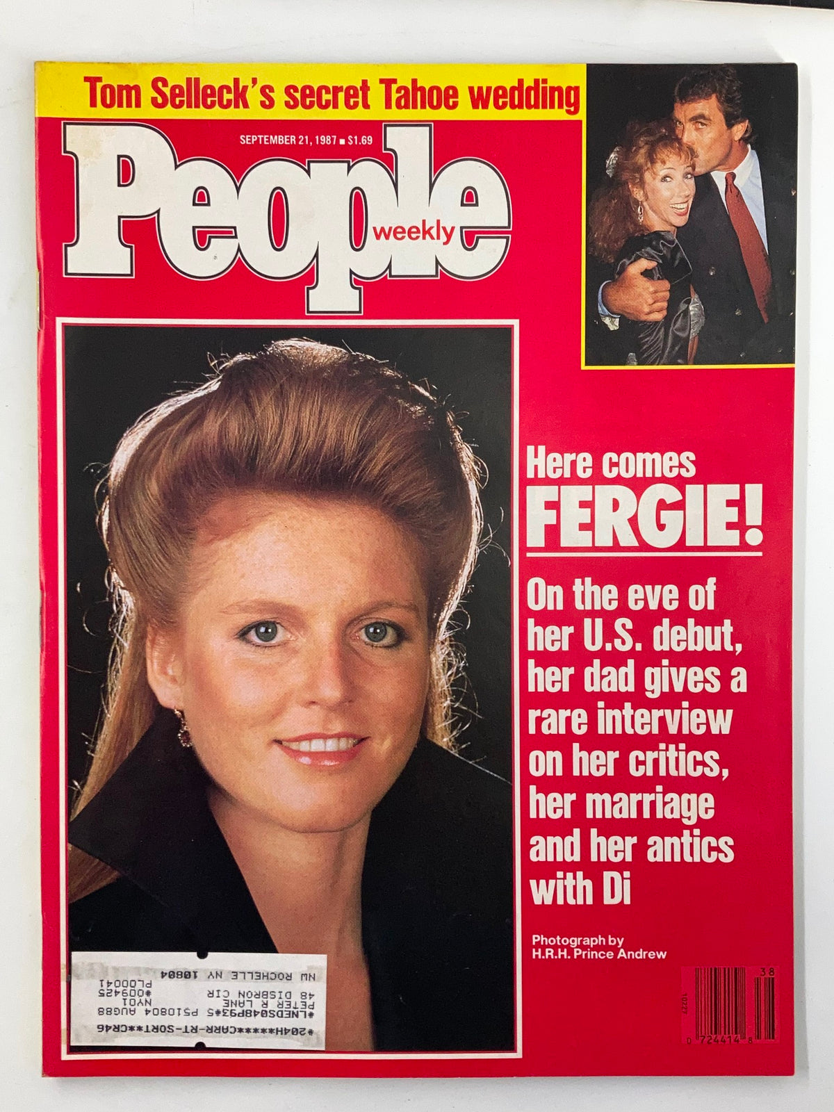 VTG People Weekly Magazine cover from September 21, 1987 showcasing Sarah Ferguson, titled 'Here Comes FERGIE!', featuring articles about her U.S. debut and Tom Selleck's secret Tahoe wedding.