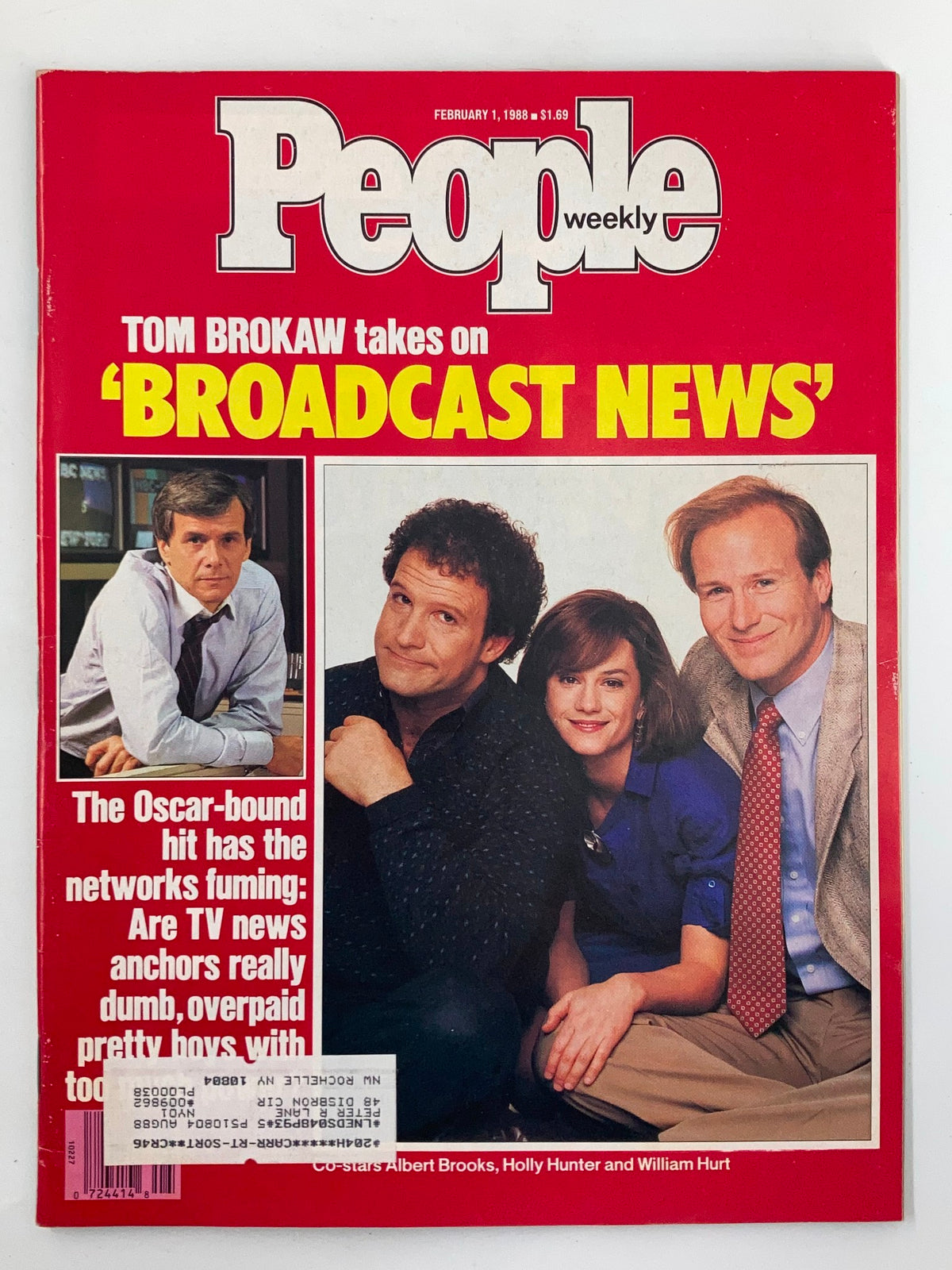 Cover of the February 1, 1988 edition of People Weekly magazine featuring Tom Brokaw discussing 'Broadcast News' with actors Albert Brooks, Holly Hunter, and William Hurt. The magazine includes vibrant red background and engaging title highlighting a pivotal moment in journalism and pop culture.