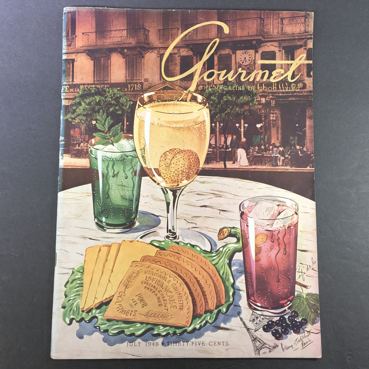 Cover of VTG Gourmet The Magazine of Good Living July 1948 featuring drinks and cookies, showcasing an artistic vintage style.