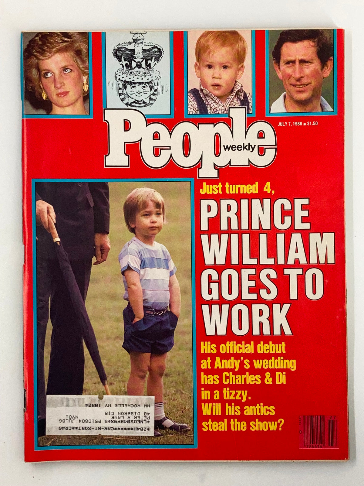 Vintage People Weekly Magazine cover from July 7, 1986, featuring Princess Diana, Prince Charles, their son Prince William, and a story about Prince William's official debut. The cover highlights royal family life during the 1980s.