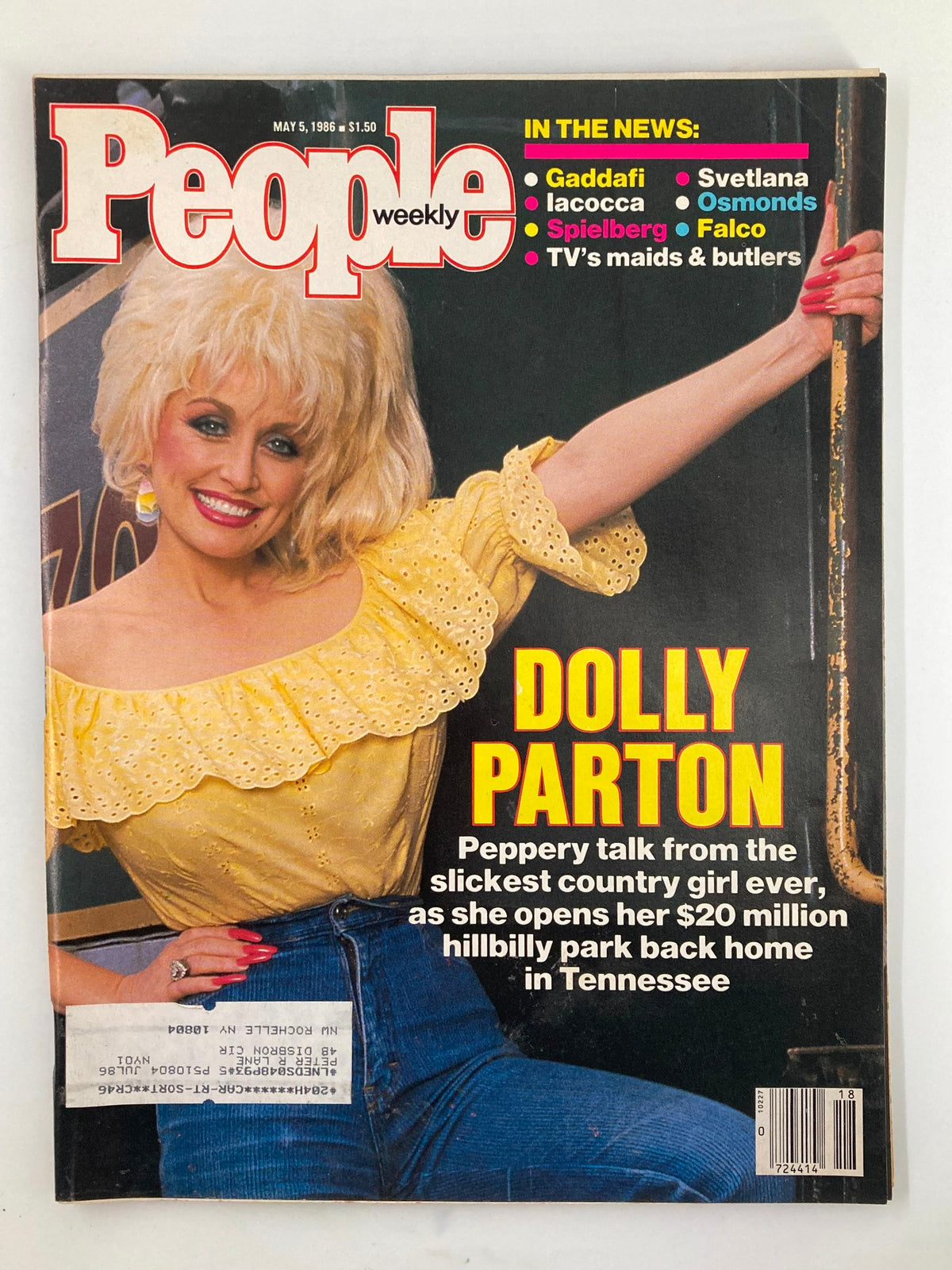 Vintage People Weekly Magazine from May 5, 1986 featuring Dolly Parton on the cover with headlines about Muammar Gaddafi, and other news.