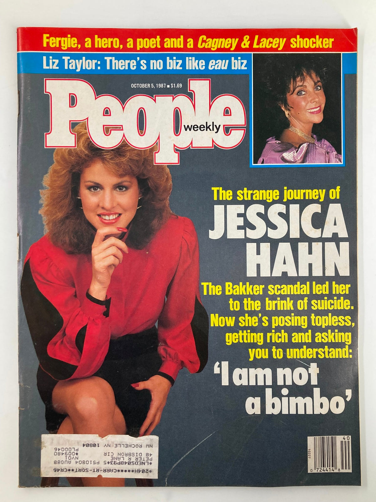 Cover of People Weekly Magazine from October 5, 1987 featuring Jessica Hahn and Elizabeth Taylor, highlighting an article on Jessica Hahn and her journey amid media controversies.
