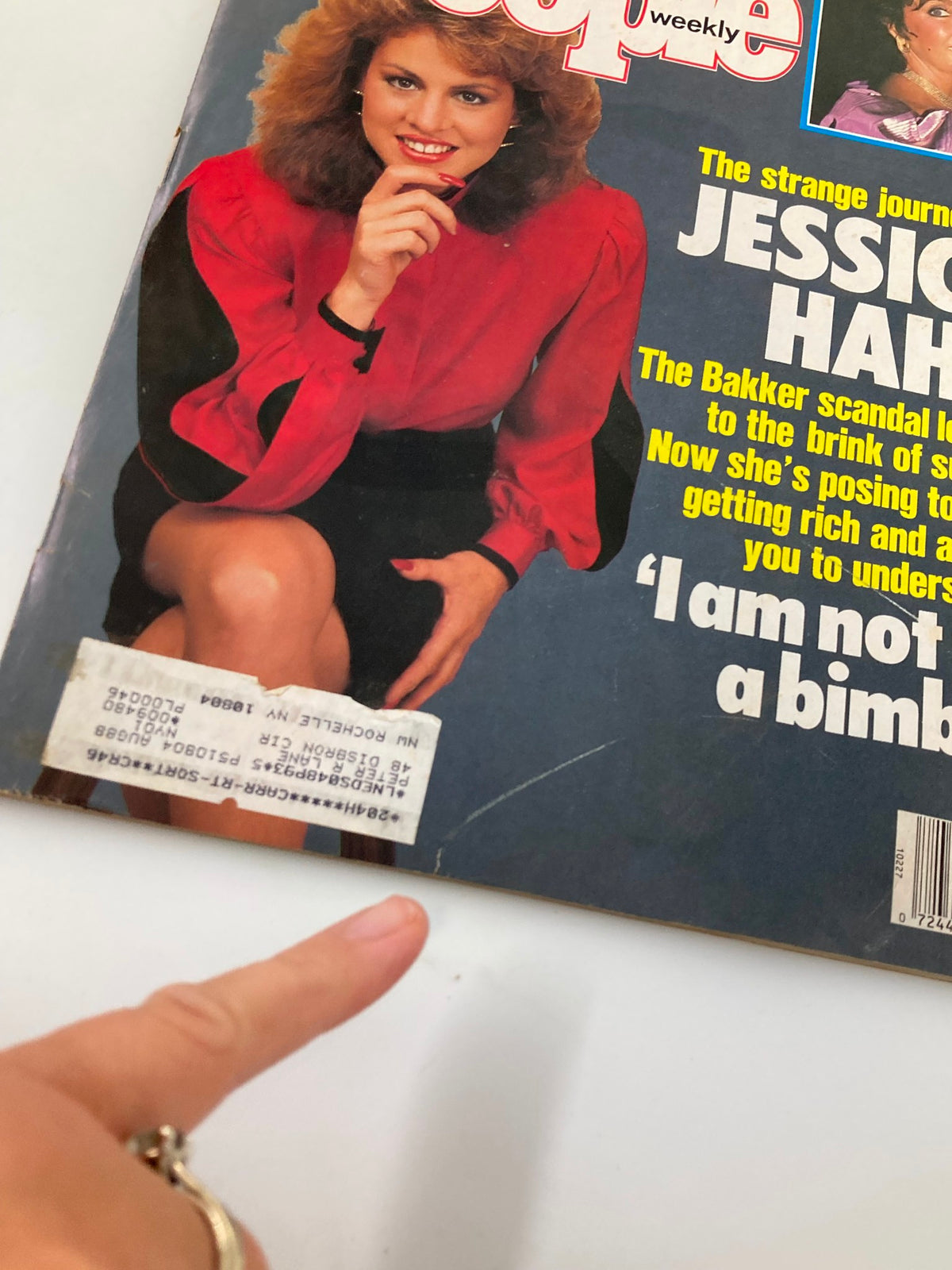 Cover of People Weekly Magazine from October 5, 1987 featuring Jessica Hahn, showcasing her posing in a red blouse, with a headline discussing her story and the Bakker scandal.