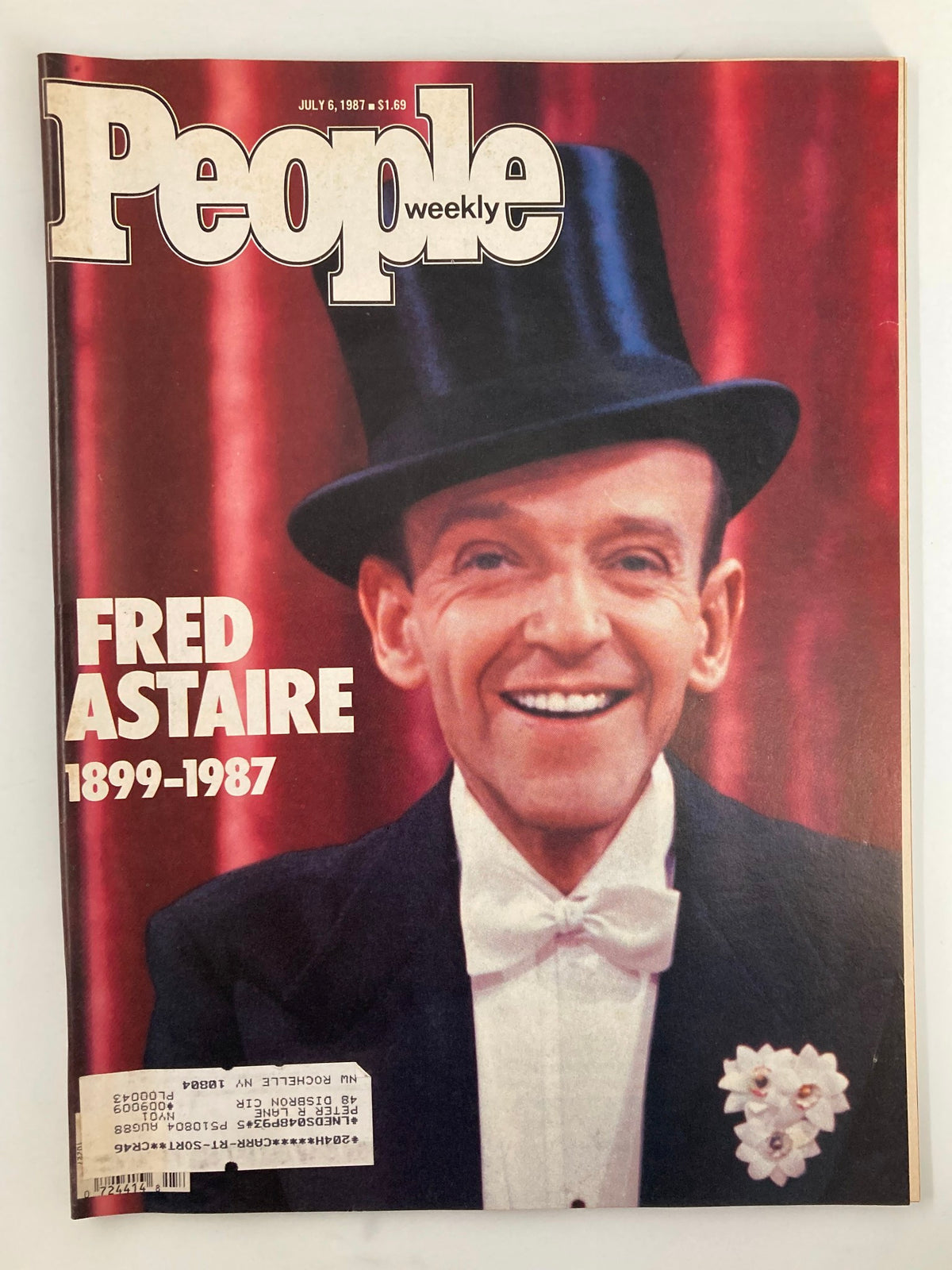 Cover of People Weekly magazine from July 6, 1987, featuring Fred Astaire, celebrating his life and legacy in Hollywood, with a vibrant portrait of Astaire in a black top hat and tuxedo.