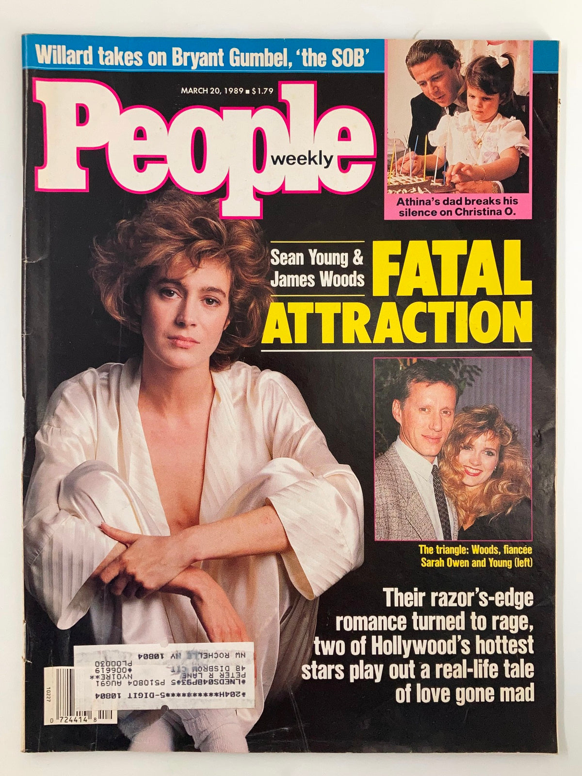 Vintage People Weekly Magazine cover from March 20, 1989 featuring Sean Young and James Woods, highlighting their story 'Fatal Attraction' with a focus on Hollywood glamour and celebrity culture.