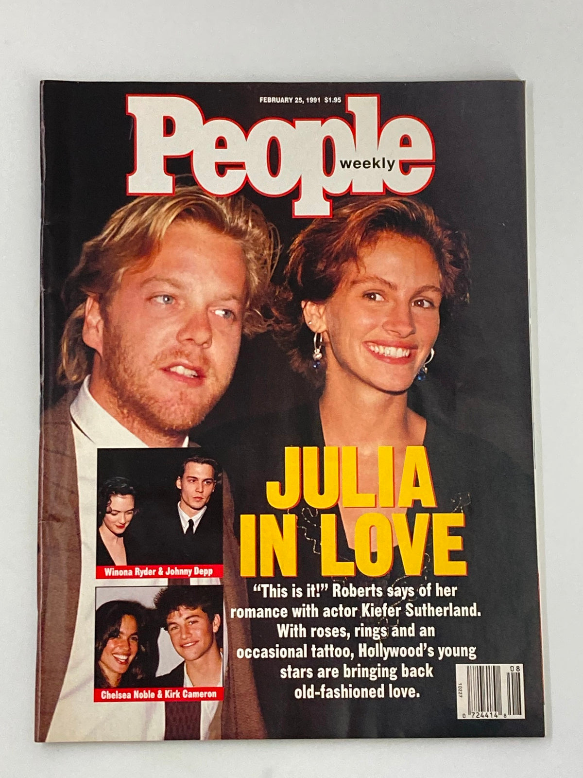 Cover of People Weekly Magazine from February 25, 1991, featuring Julia Roberts and Keith S., with the headline 'Julia in Love' and images of Winona Ryder, Johnny Depp, Chelsea Noble, and Kirk Cameron.
