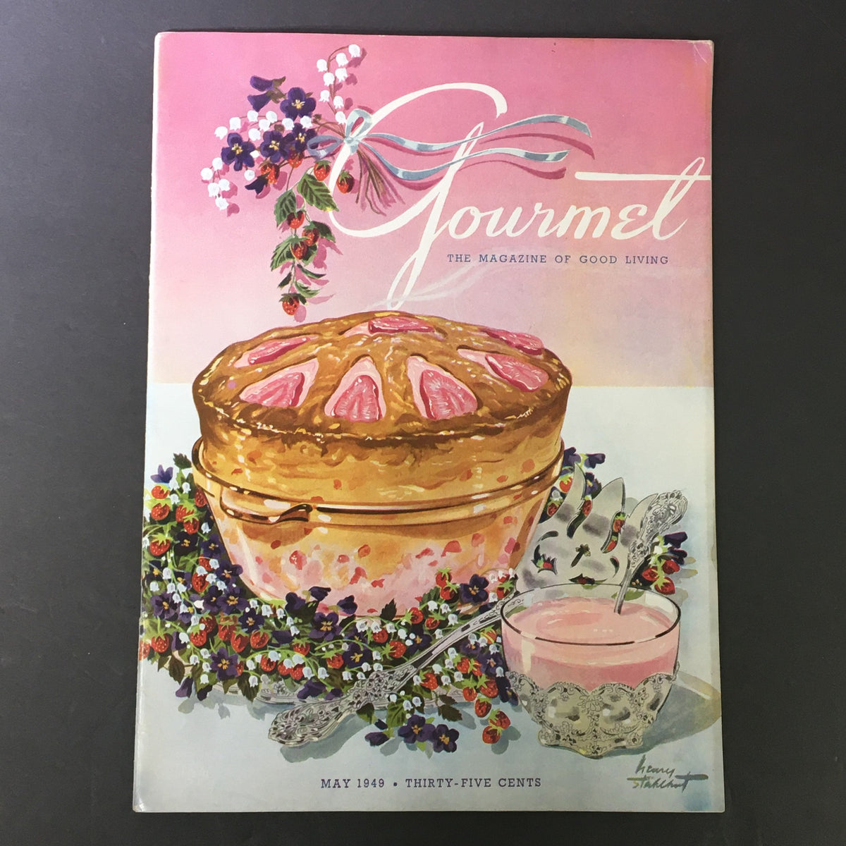 Cover of VTG Gourmet The Magazine of Good Living May 1949 featuring a colorful dessert illustration with floral decorations.