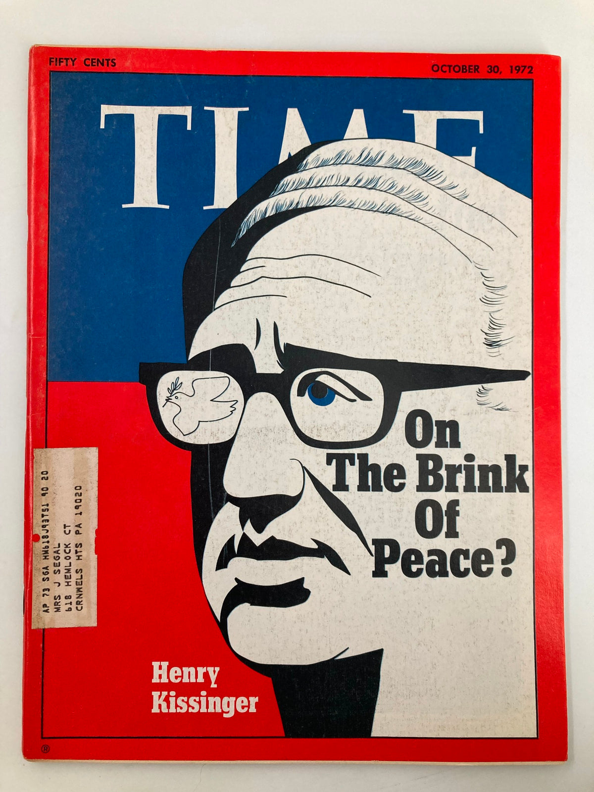 Cover of Time Magazine from October 30, 1972 featuring Henry Kissinger with the headline 'On The Brink Of Peace?' This vintage magazine showcases political themes related to international diplomacy during the Vietnam War.