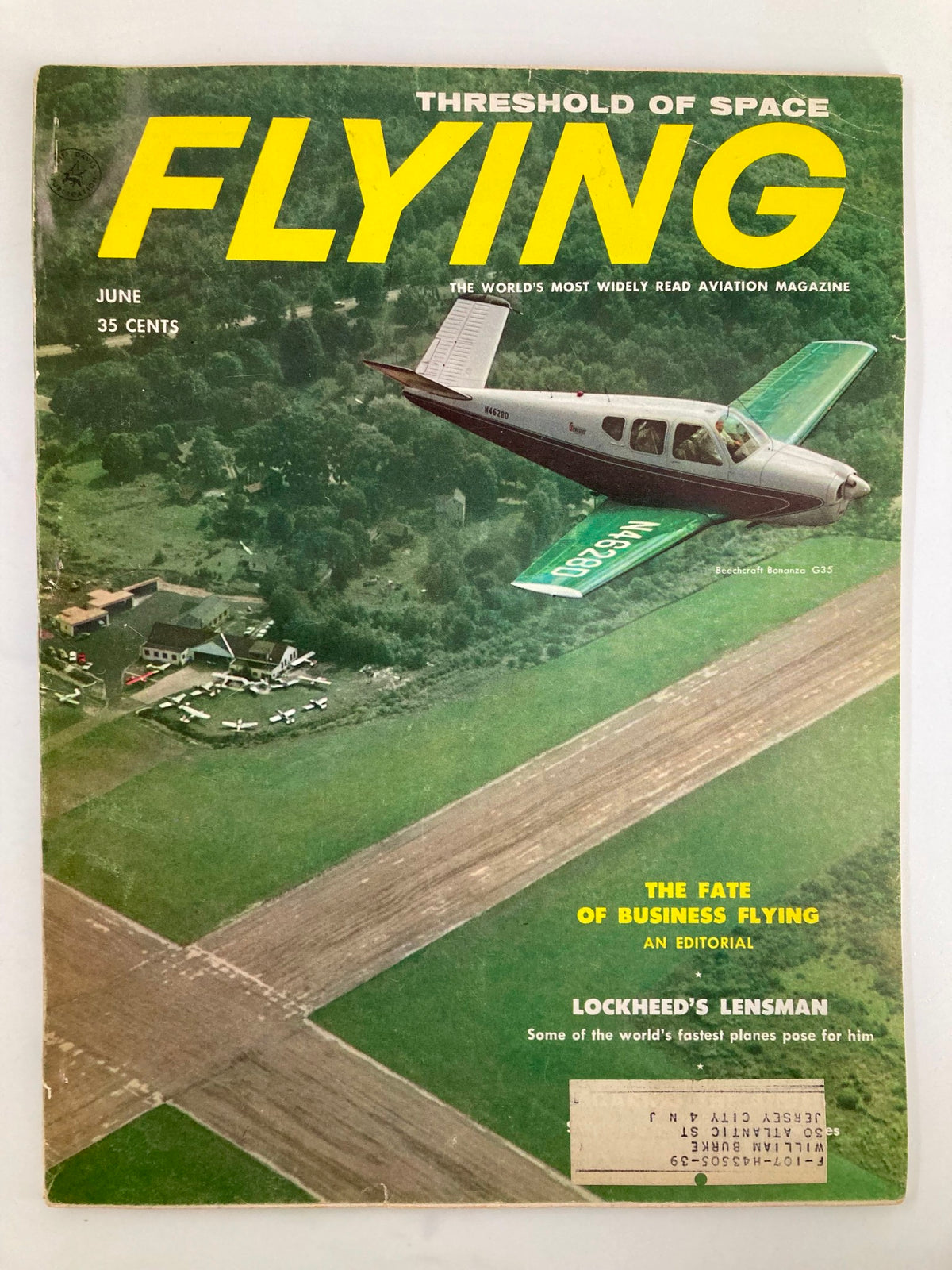 Cover of VTG Flying Magazine June 1958 showcasing the Beechcraft Bonanza G35 and featured article on Lockheed's Lensman, highlighting vintage aviation memorabilia.