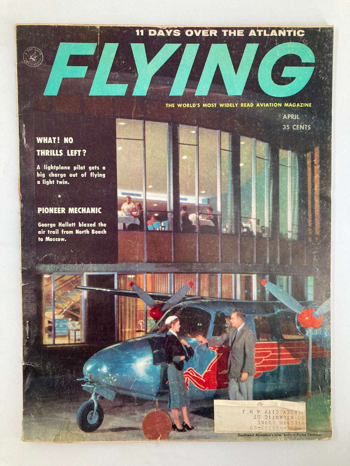 Cover of VTG Flying Magazine from April 1958 featuring George Hallett, highlighting the story of his air trail from North Beach. The cover includes vibrant imagery of a blue aircraft and figures engaging in conversation, embodying the golden age of aviation.