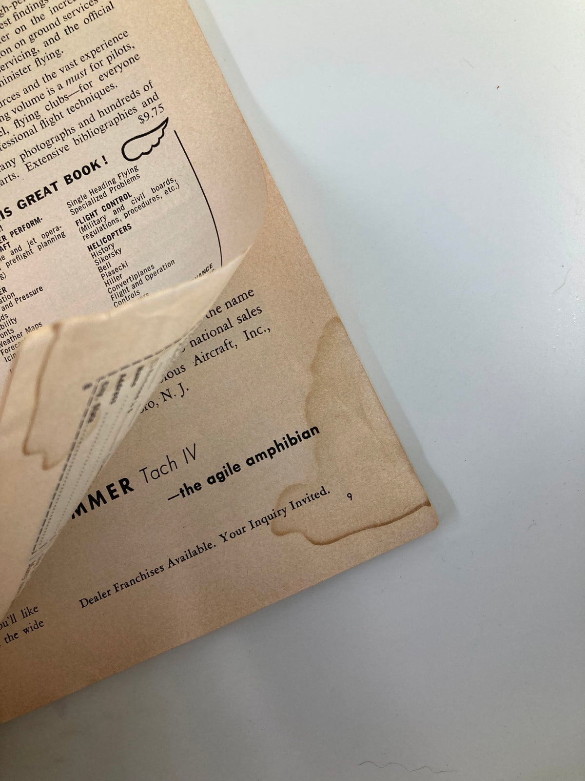 Back cover of VTG Flying Magazine April 1958 showing yellowed pages and slight wear, characteristic of a vintage magazine.