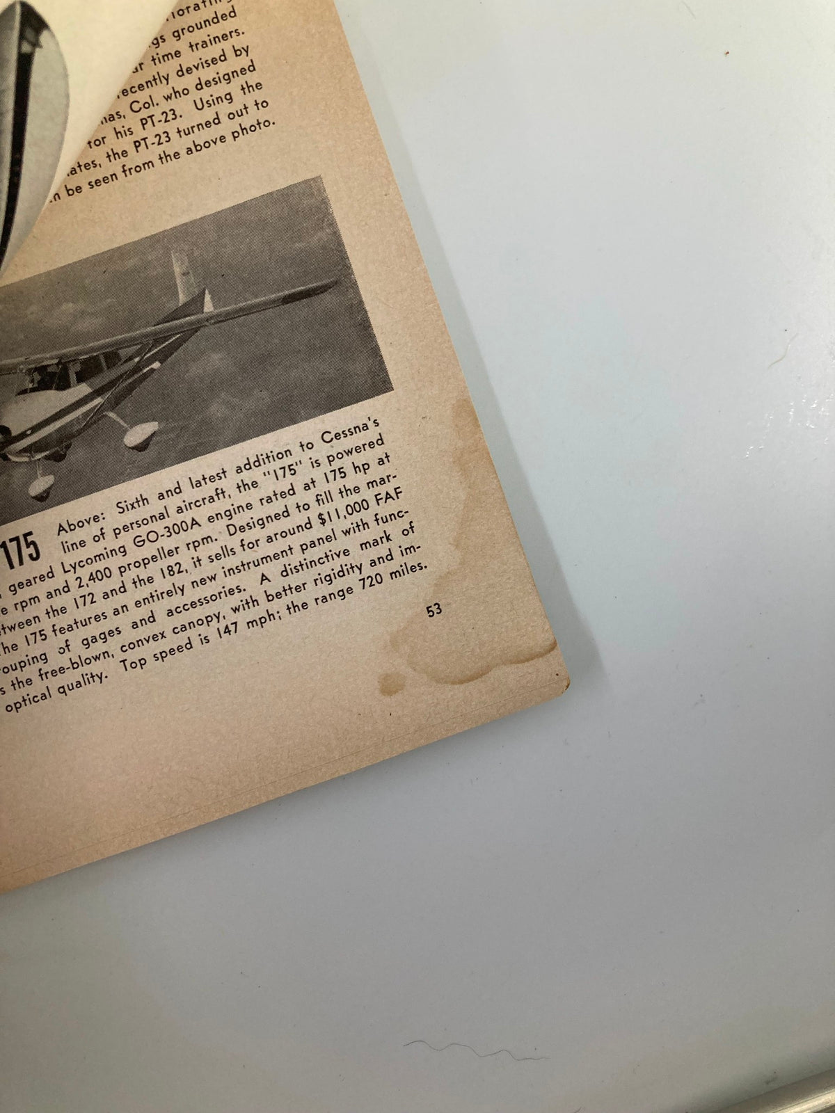 Close-up view of a page from the VTG Flying Magazine April 1958 featuring details about the Cessna 175 aircraft, highlighting its features and specifications.