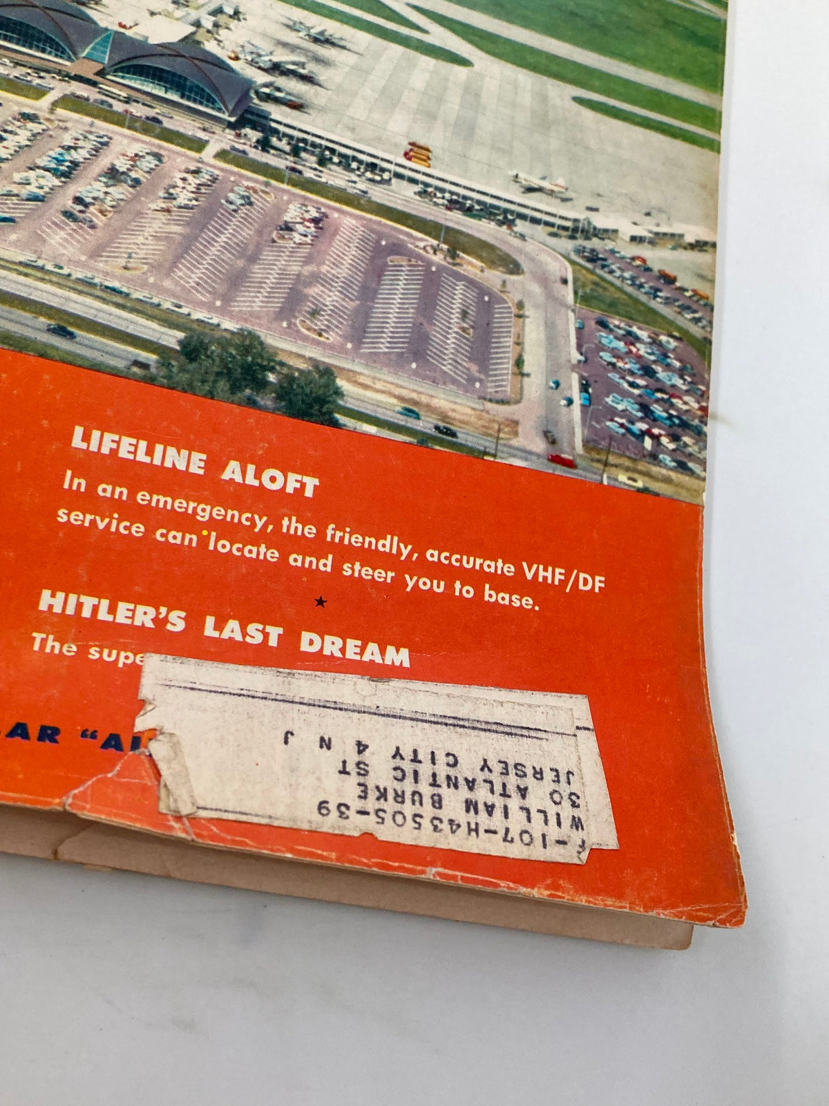 Detail of the VTG Flying Magazine May 1958 cover, focusing on the text regarding 'Hitler's Last Dream' and featuring Lambert Field.