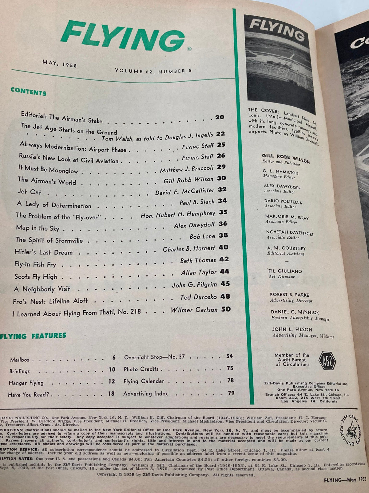 Contents page of the VTG Flying Magazine May 1958 listing articles including 'Hitler's Last Dream' and various aviation topics.