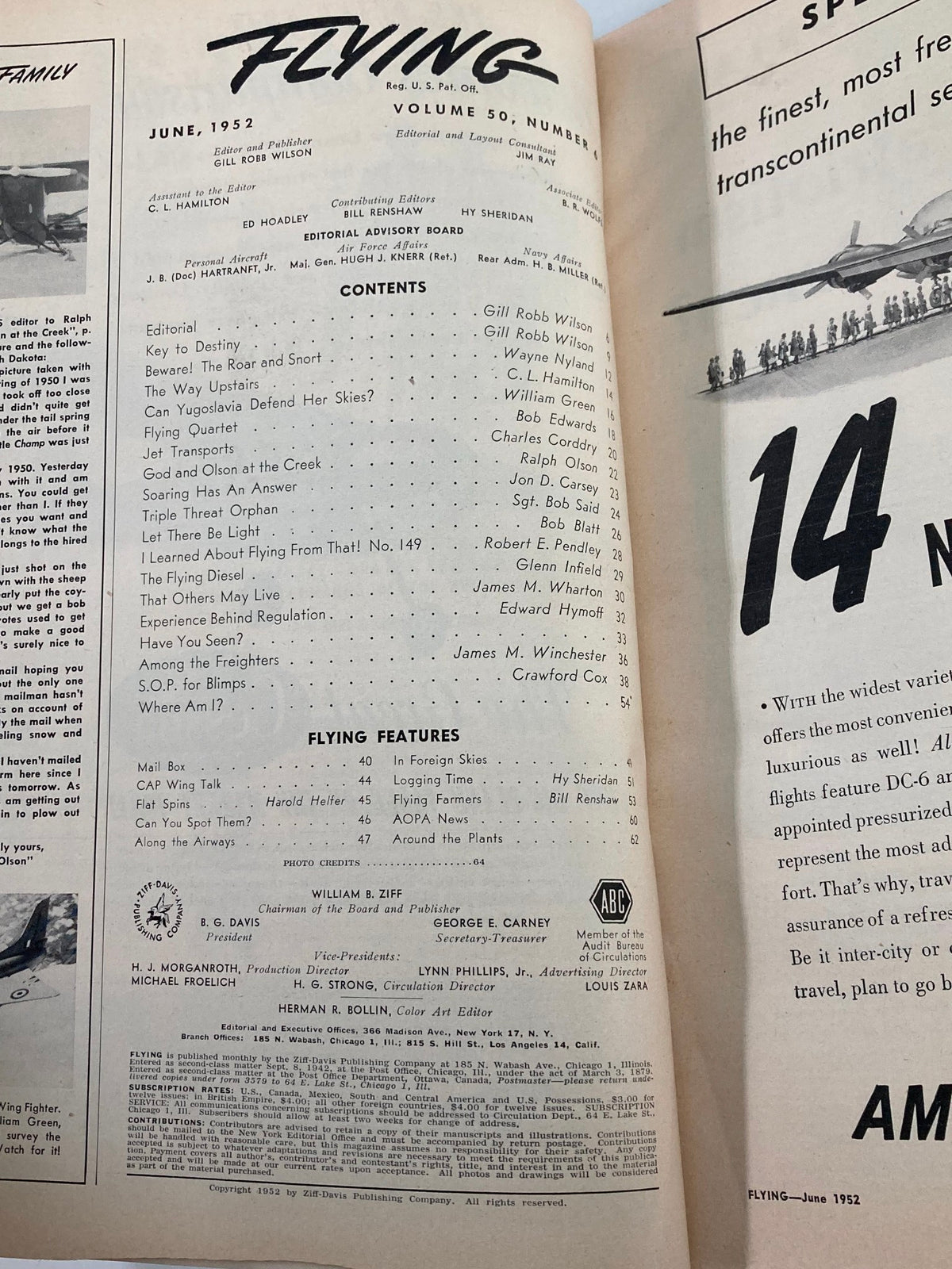 Interior page of VTG Flying Magazine June 1952, displaying the table of contents and features, emphasizing aviation topics and articles.
