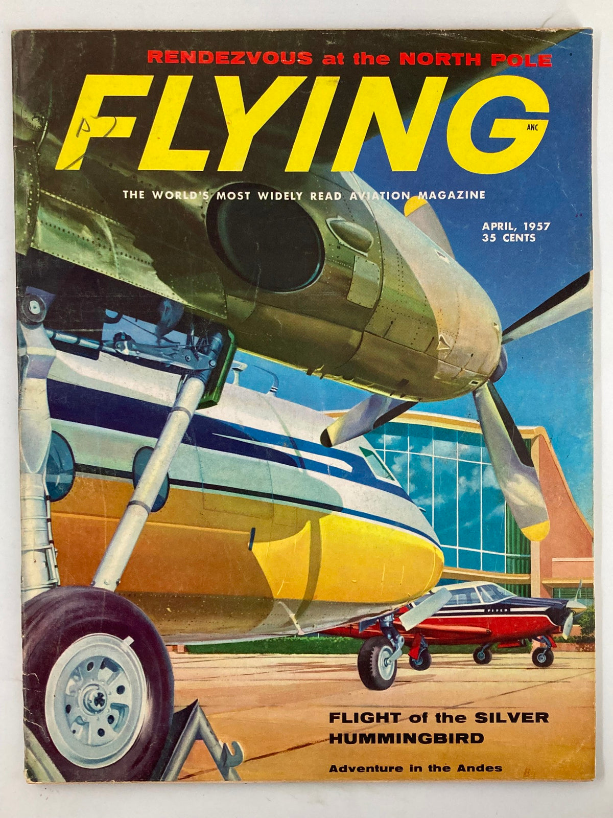 Cover of VTG Flying Magazine April 1957 featuring the article 'Flight of the Silver Hummingbird' with vintage aircraft illustrations.