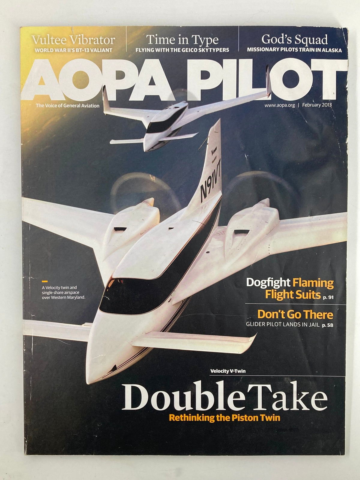 Cover of Aopa Pilot Magazine February 2013 featuring the Velocity V-Twin with the title 'Double Take' highlighting aviation technology advancements.