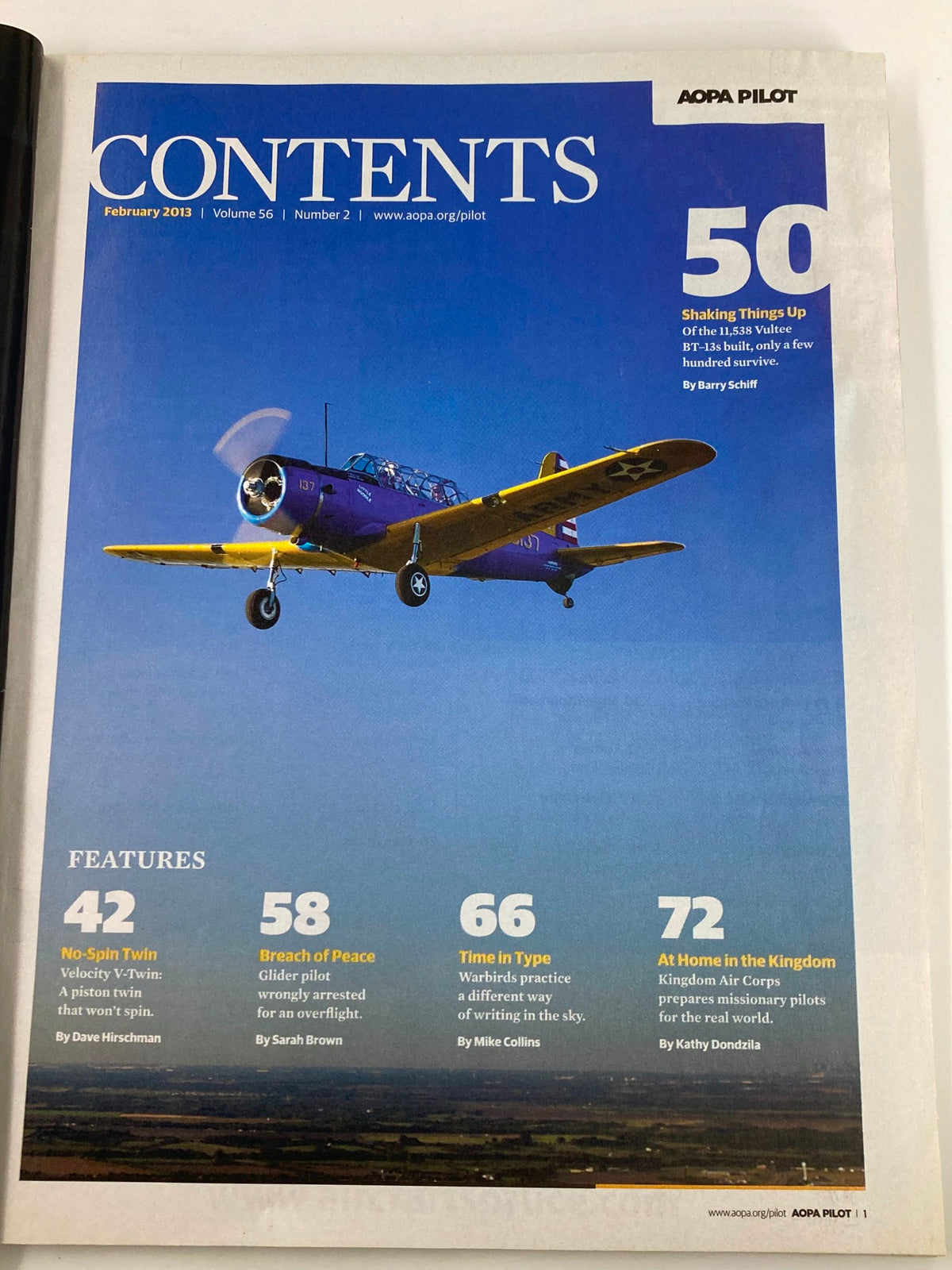 Contents page of Aopa Pilot Magazine February 2013 showcasing featured articles including 'Velocity V-Twin' and other aviation topics.