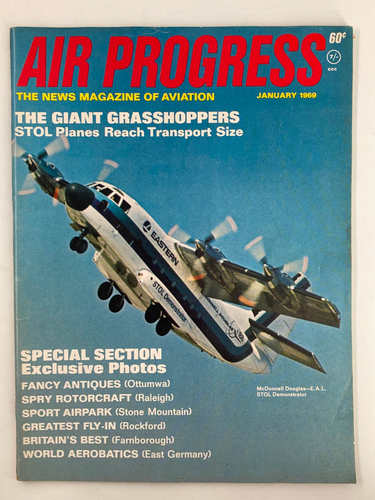 Cover of VTG Air Progress Magazine from January 1969 showcasing the McDonnell Douglas EAL STOL Demonstration with an aircraft in flight. Features titles including 'The Giant Grasshoppers' and 'STOL Planes Reach Transport Size', emphasizing aviation advancements of the era.