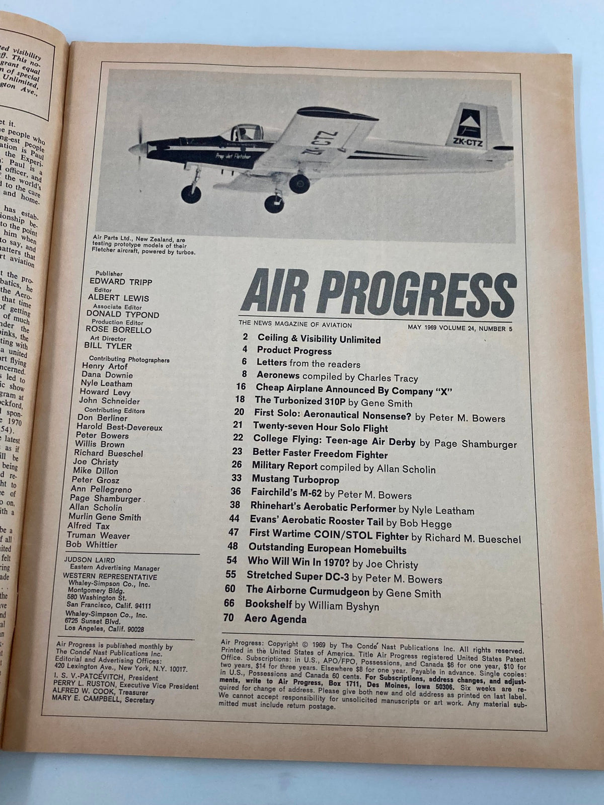 Interior page of VTG Air Progress Magazine May 1969 featuring articles and features on aviation advancements, including the Frisky Swiss X-HB-XVC aircraft and various aviation-related topics.