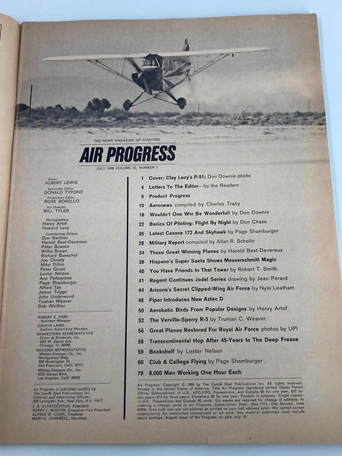 Interior page of VTG Air Progress Magazine July 1968 showcasing the table of contents.
