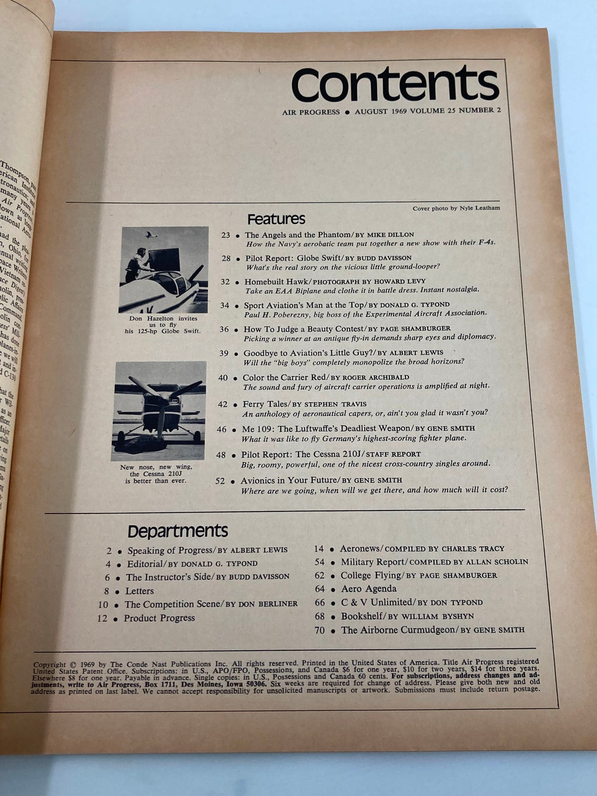 Contents page of VTG Air Progress Magazine August 1969, highlighting featured articles about aviation and the McDonnell Douglas F-4J.