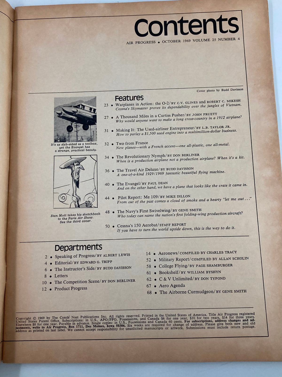 Contents page of VTG Air Progress Magazine October 1969 showcasing featured articles and highlights.