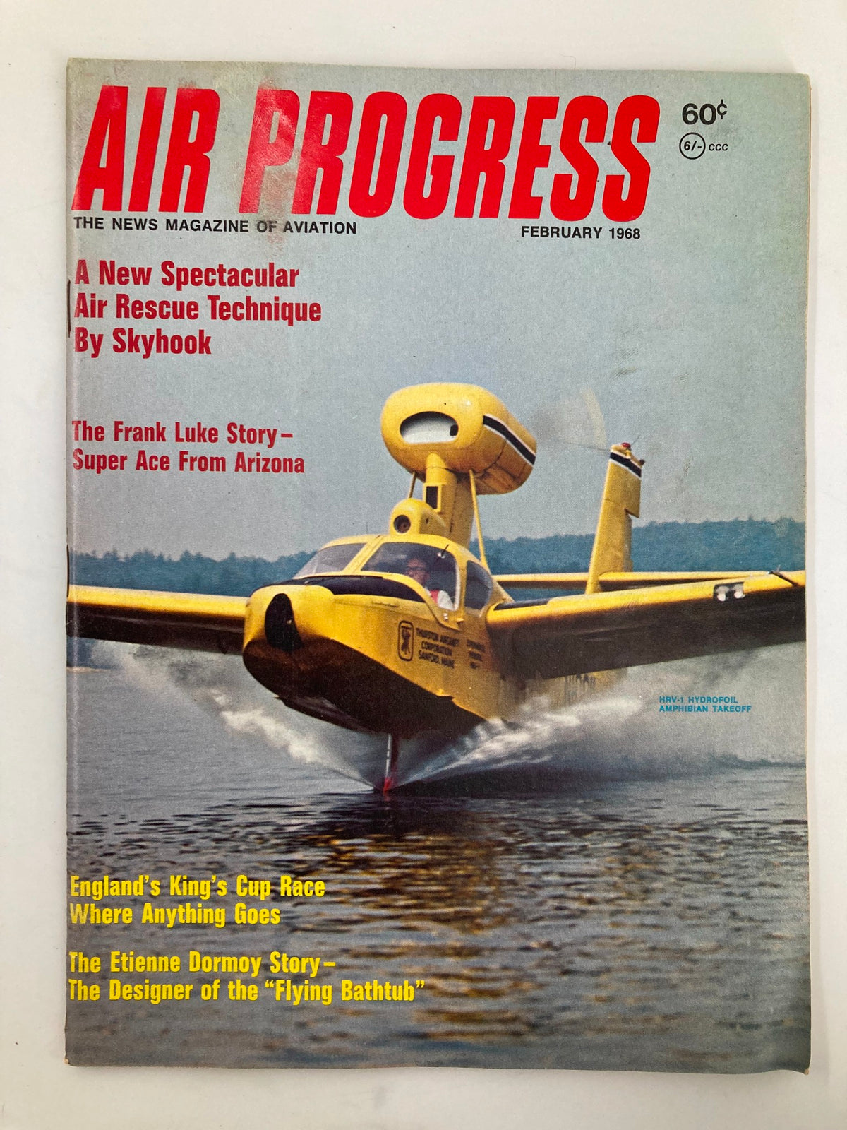 VTG Air Progress Magazine February 1968 featuring HRV-1 Hydrofoil Amphibian cover displaying articles on aviation and a yellow hydrofoil aircraft.