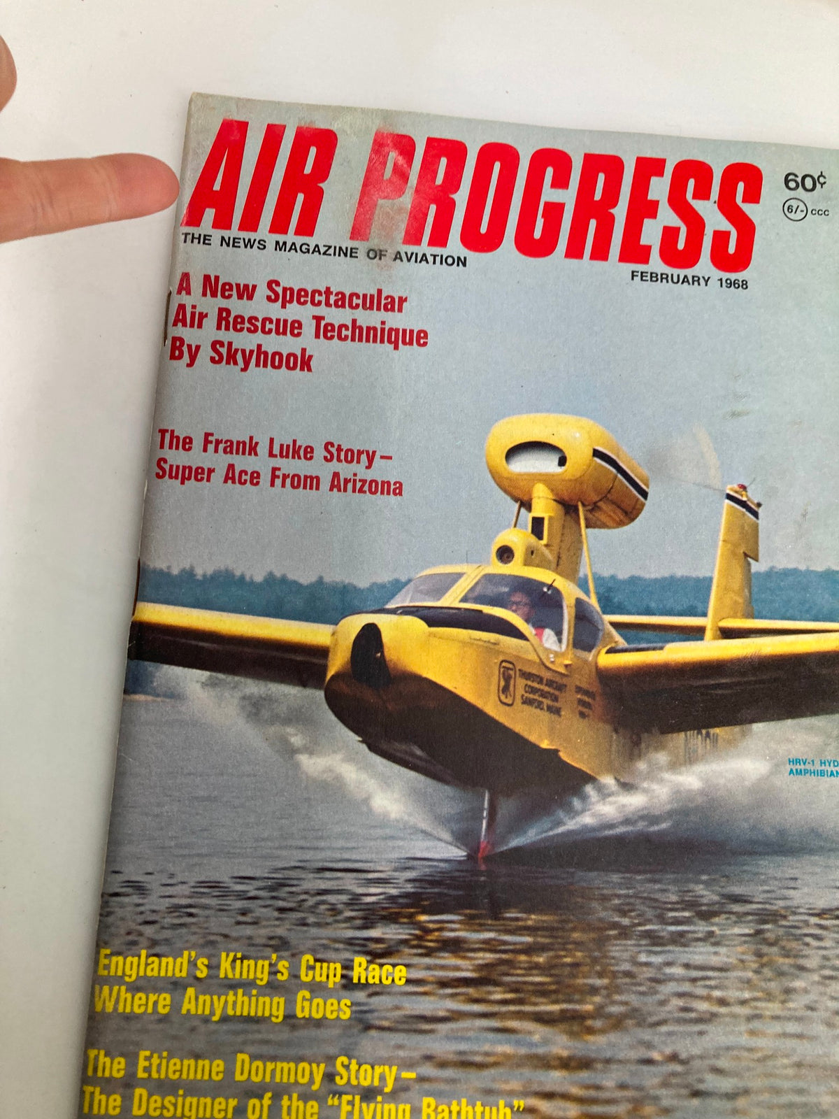 Close-up of VTG Air Progress Magazine February 1968 cover showcasing HRV-1 Hydrofoil Amphibian and notable aviation articles.