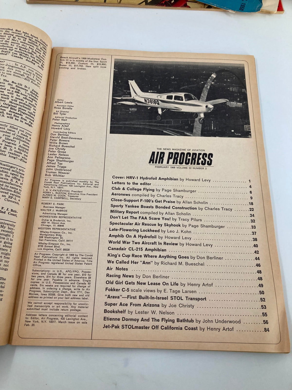 Inside page of VTG Air Progress Magazine February 1968 presenting the table of contents, highlighting aviation topics and articles related to the HRV-1 Hydrofoil Amphibian.
