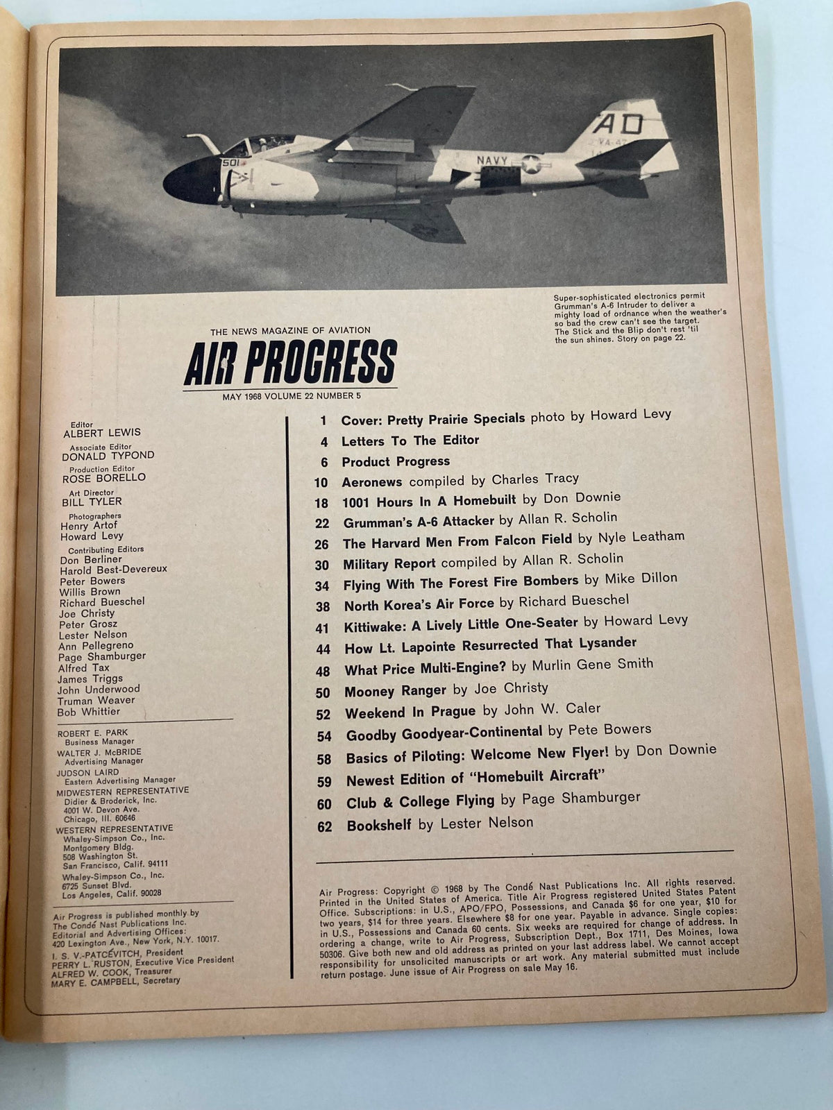 Inside page of VTG Air Progress Magazine May 1968 displaying the table of contents, including article titles and contributors, emphasizing the magazine's focus on aviation history.