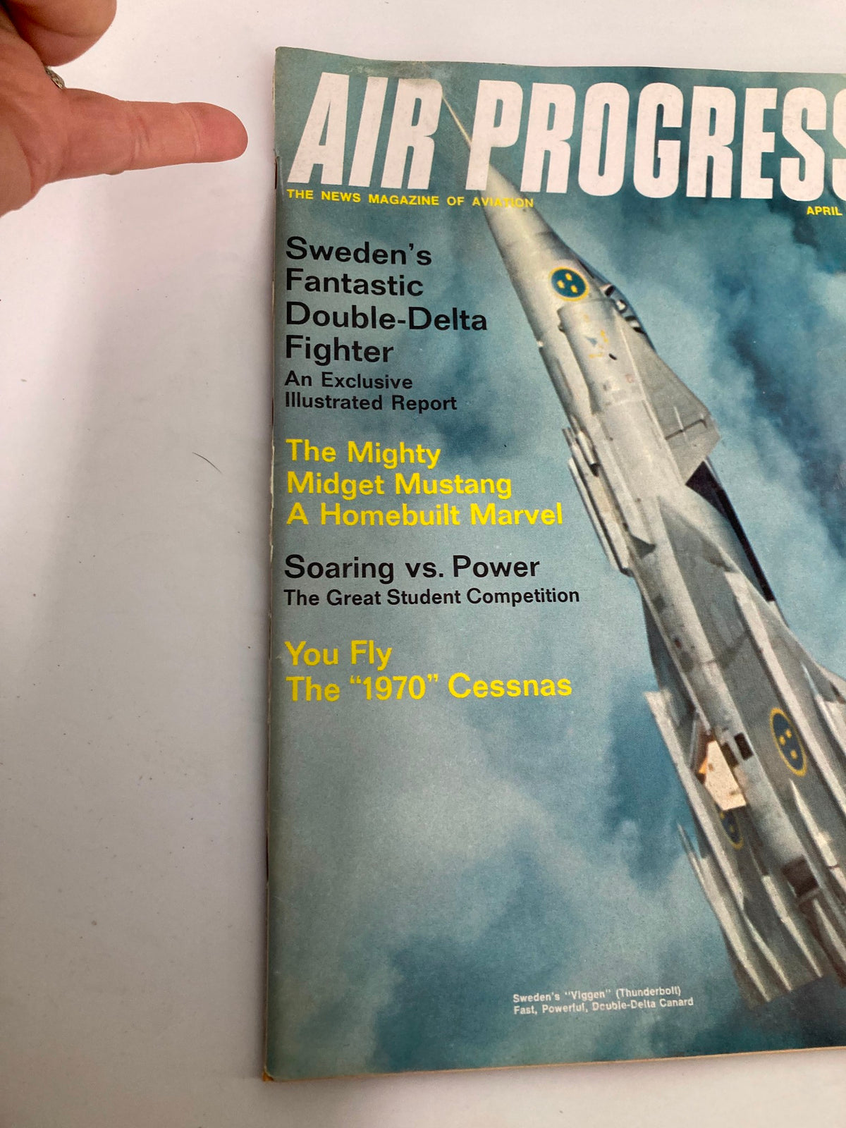 Close-up of VTG Air Progress Magazine April 1968 cover, highlighting Sweden's Vlggen Thunderbolt alongside features on aviation topics and images.
