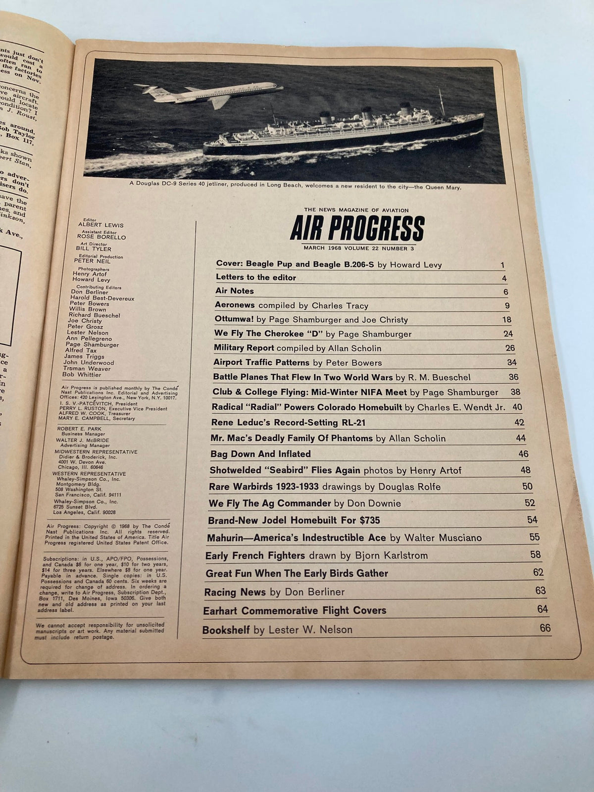 Inside page of VTG Air Progress Magazine March 1968 listing articles and features about aviation, including the Beagle Pup.