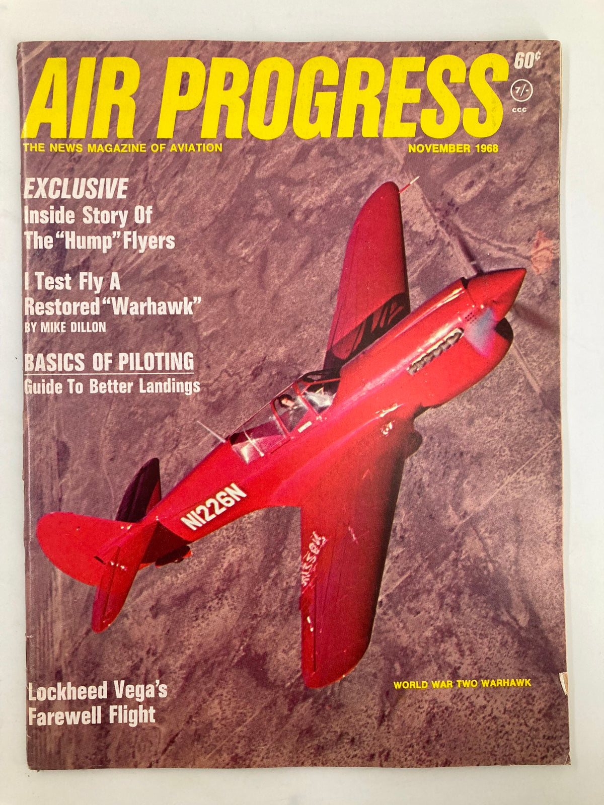 Cover of VTG Air Progress Magazine November 1968 showcasing a WWII Warhawk aircraft in flight, highlighting the magazine's focus on aviation history.