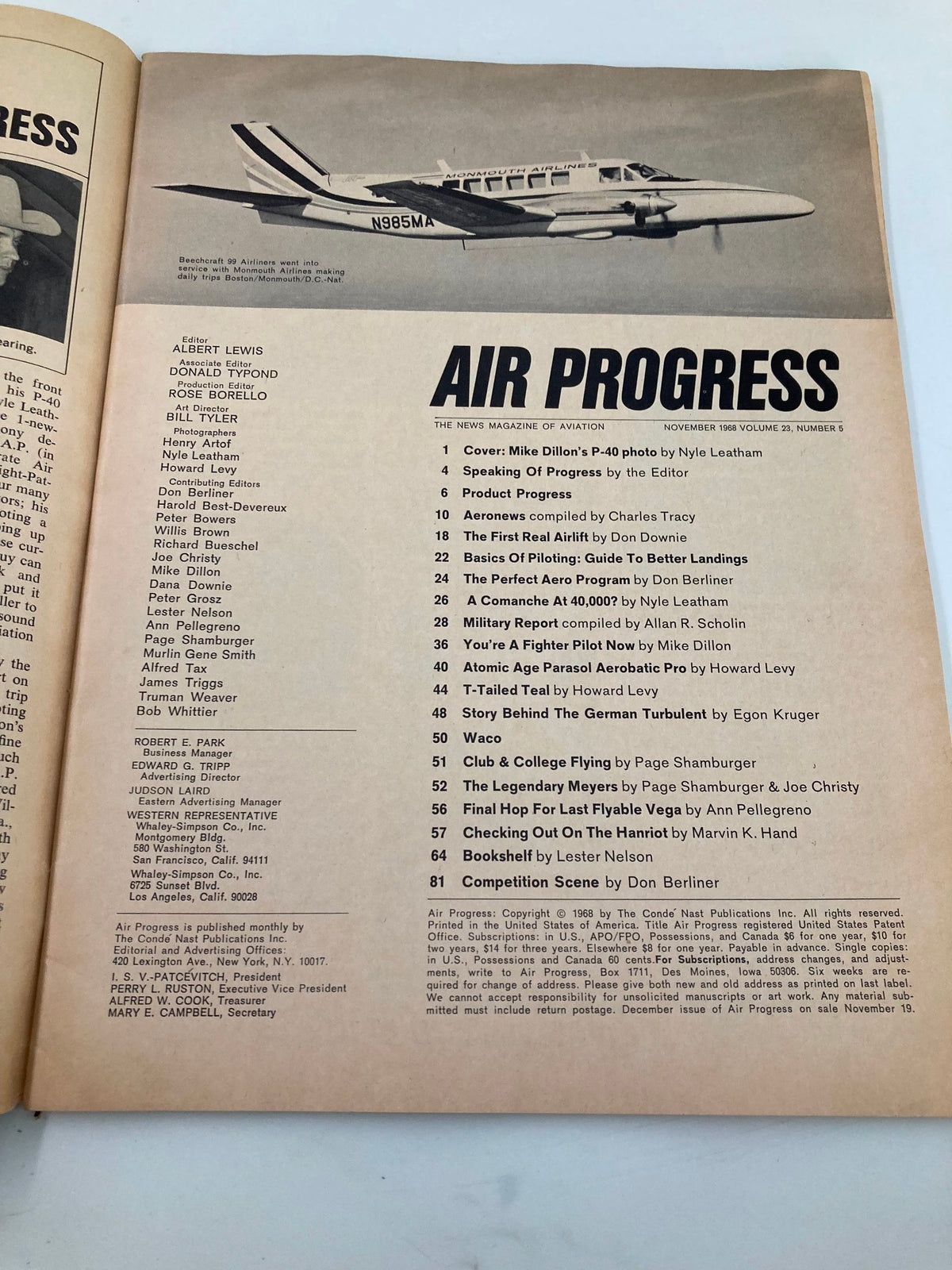 Inside page of VTG Air Progress Magazine November 1968 displaying the contents and editorial information, enhancing the value for aviation enthusiasts and collectors.