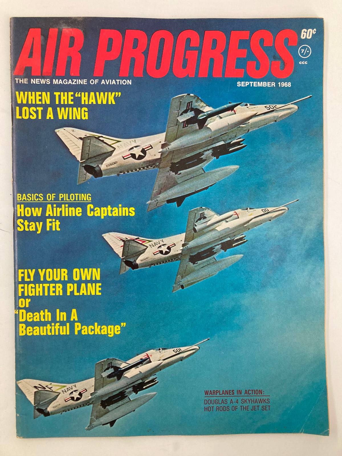 Cover of VTG Air Progress Magazine September 1968 showcasing Douglas A-4 Skyhawks with text highlights about aviation and piloting.